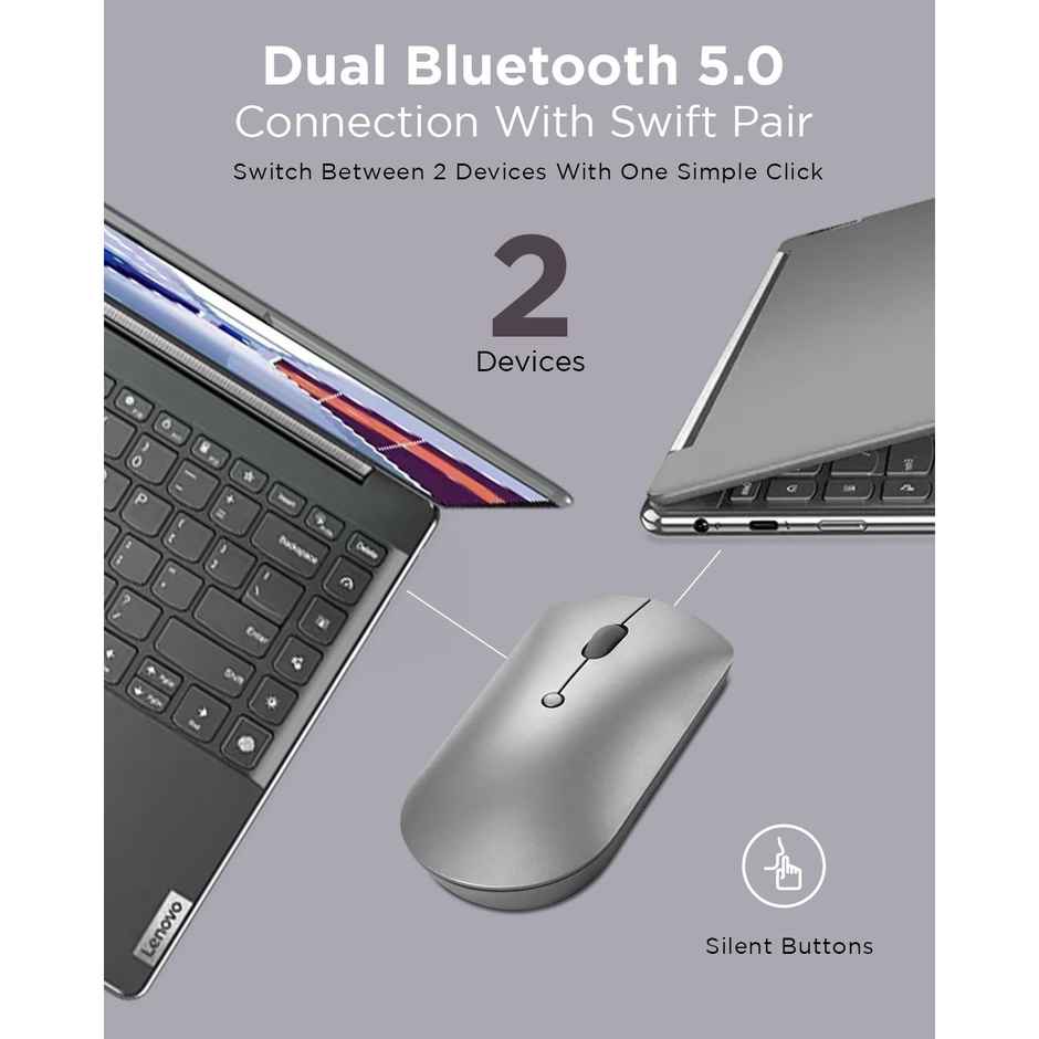 Lenovo 600 Bluetooth 5.0 Silent Mouse| Compact, Portable, Multi-Device Connectivity - Grey