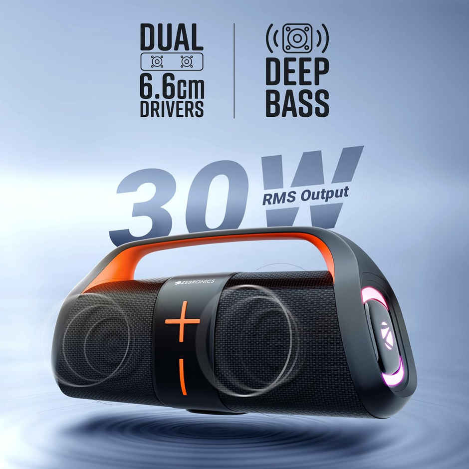 Zebronics Sound Feast 200 30W BT Speaker, 30Hrs Playback, Dual 6.6cm Drivers, Call Function, BTv5.3