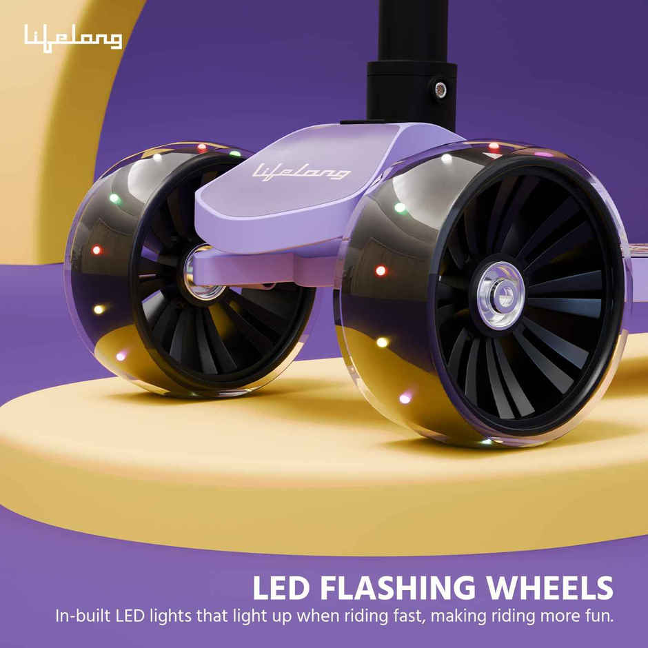 Lifelong Kick Scooter with Adjustable Height & LED Wheels for Kids | Max 50kg | Purple & Black