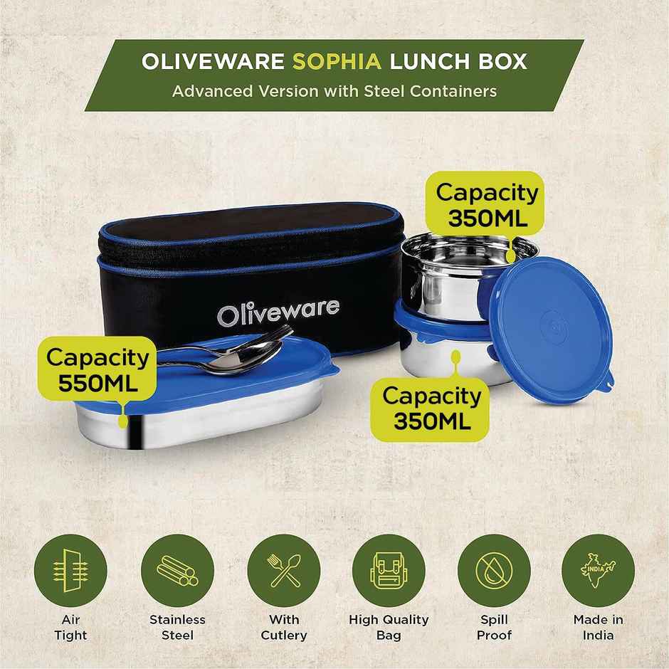 Oliveware Sophia Lunch Box, 3 Stainless Steel Container with BPA Free Lids and Steel Cutlery- Blue