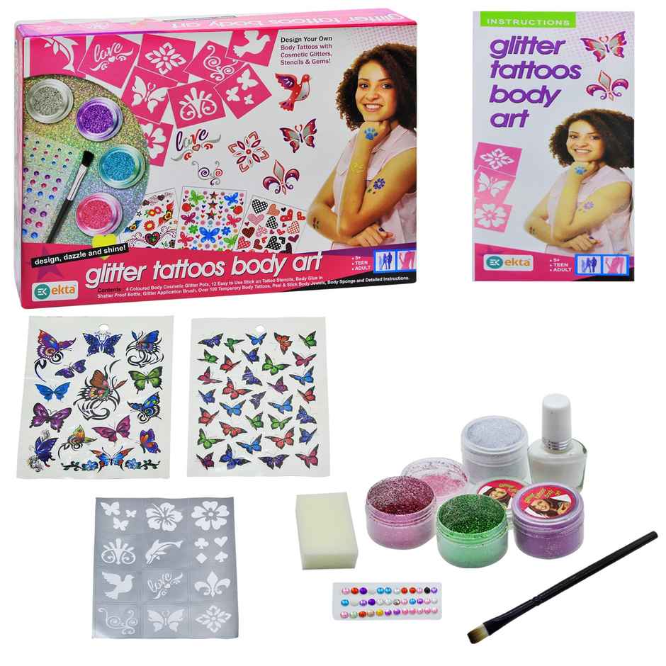 Ekta Glitter Tattoo Body Art Craft Kit | 100 Tattoos, Create Your Own Professional Body Art Tattoos