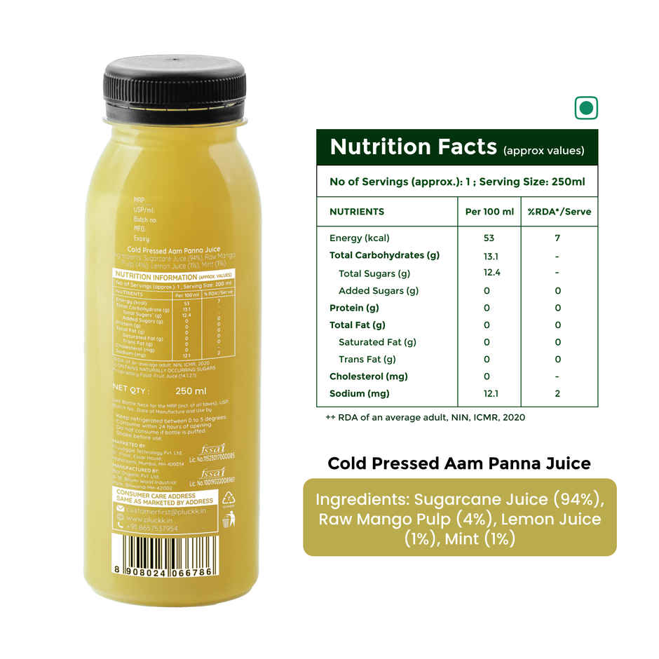 Pluckk Cold Pressed Extracted Aam Panna Juice | No Preservatives | No Added Sugar