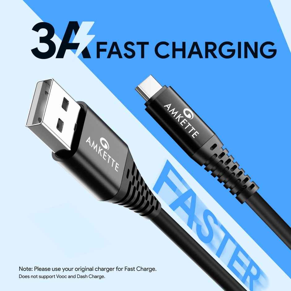 AMKETTE Powerpro USB to Type C Charge And Sync 3 Amp Usb Cable, 1M - Black