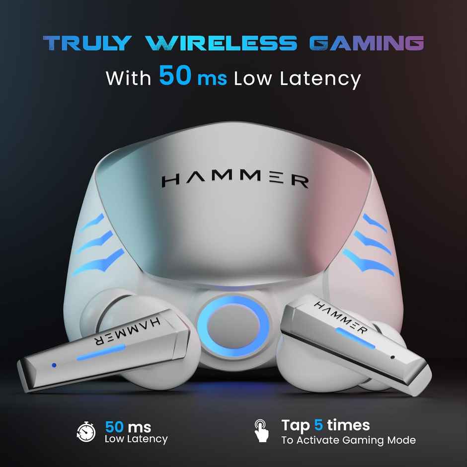 Hammer Arcade True Wireless Gaming Earbuds With Rgb Lights | Bluetooth V5.3 | Made In India - White