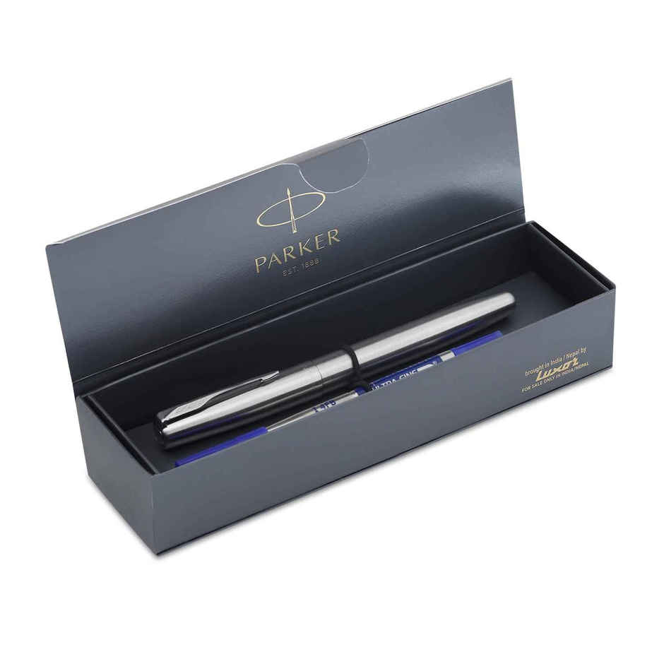 Parker Frontier Stainless Steel Chrome Trim Roller Ball Pen| Ink Color - Blue | Gift For Employees