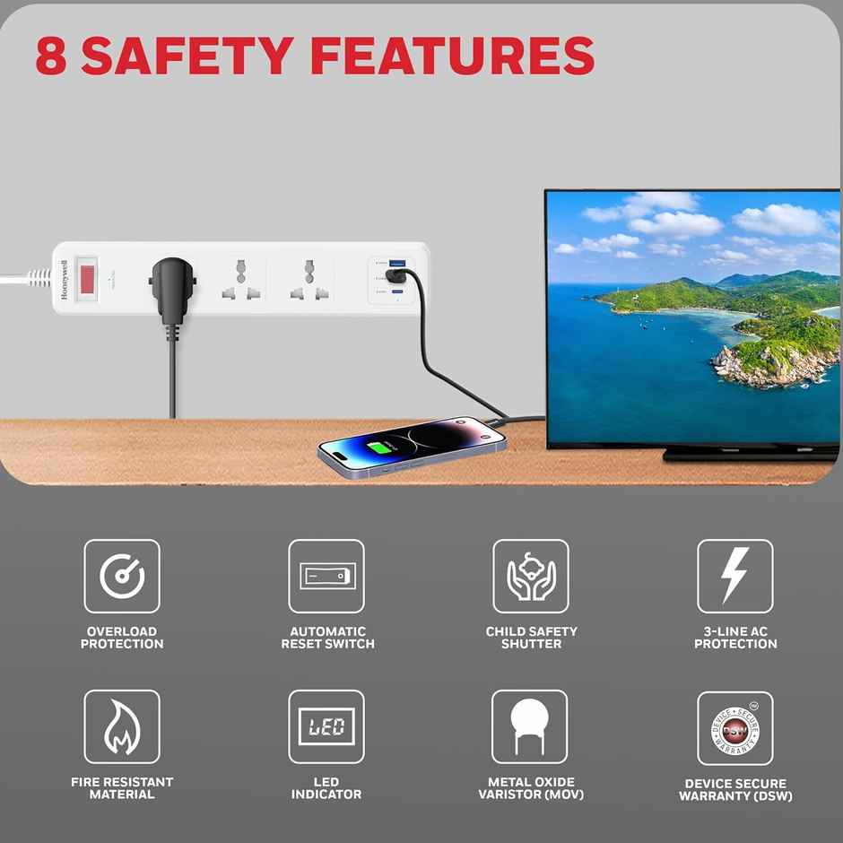 Honeywell 3 Outlet Surge Protector With 1Xtype C With Pd & 2Xusb