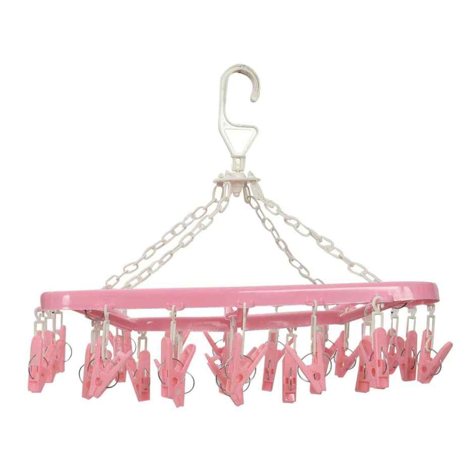 Kuber Industries Cloth Drying Hanger Rack (32 Clips) | 360 Degree Portable & Rotatable | Pink
