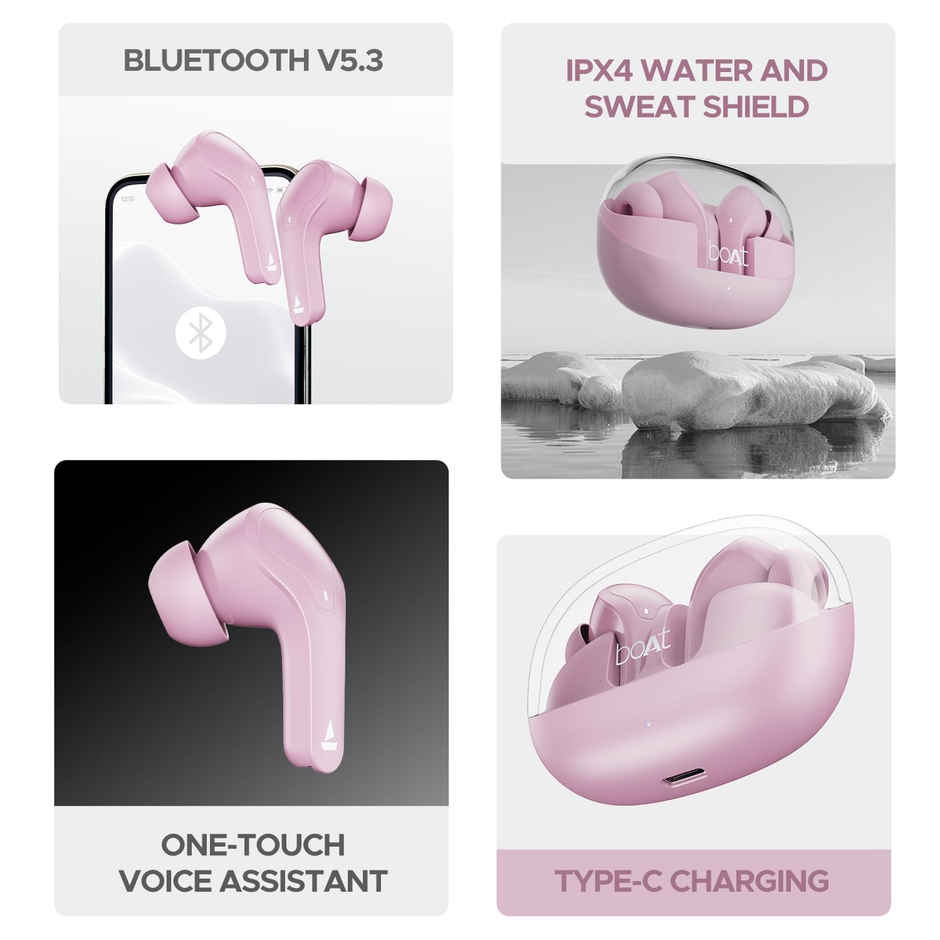 boAt Airdopes 311 Pro in Ear TWS Earbuds with mic, ANC, 50H Battery, Fast Charge, Dual Mics ENx Tech, Transparent LID, Low Latency, IPX4, IWP Tech, BT v5.3 - Lavender Rush Pink