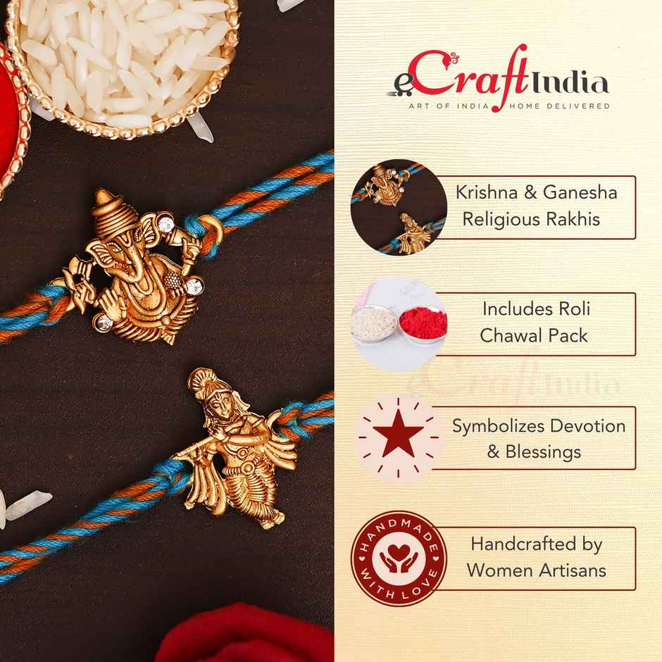 Religious Blue, Orange & Golden Rakhi | Krishna & Ganesha with Roli Chawal | Pack of 2 | Ecraftindia