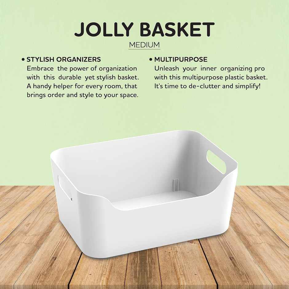 Kolorr Jolly Plastic Medium Basket With Handle For Storage Box| Pack Of 3 - Nir White