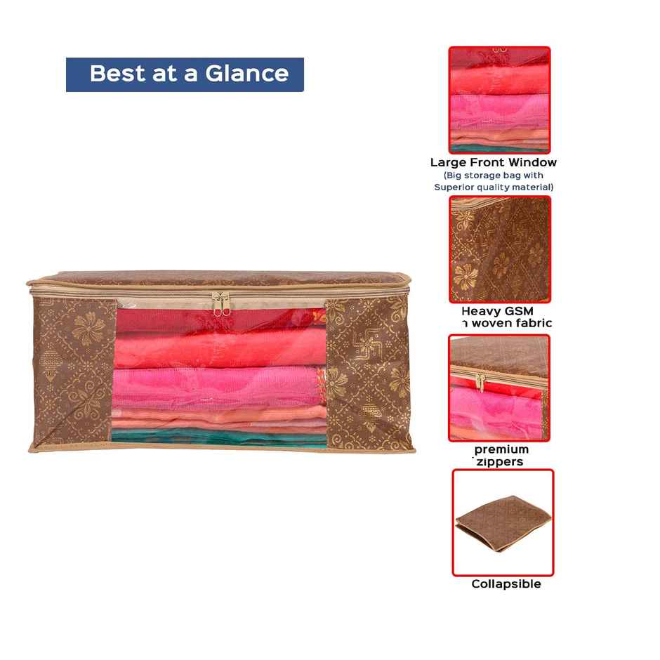 Perpetual Saree Organizer - Foldable Cover with Zip | Transparent Window | Brown | Pack of 5