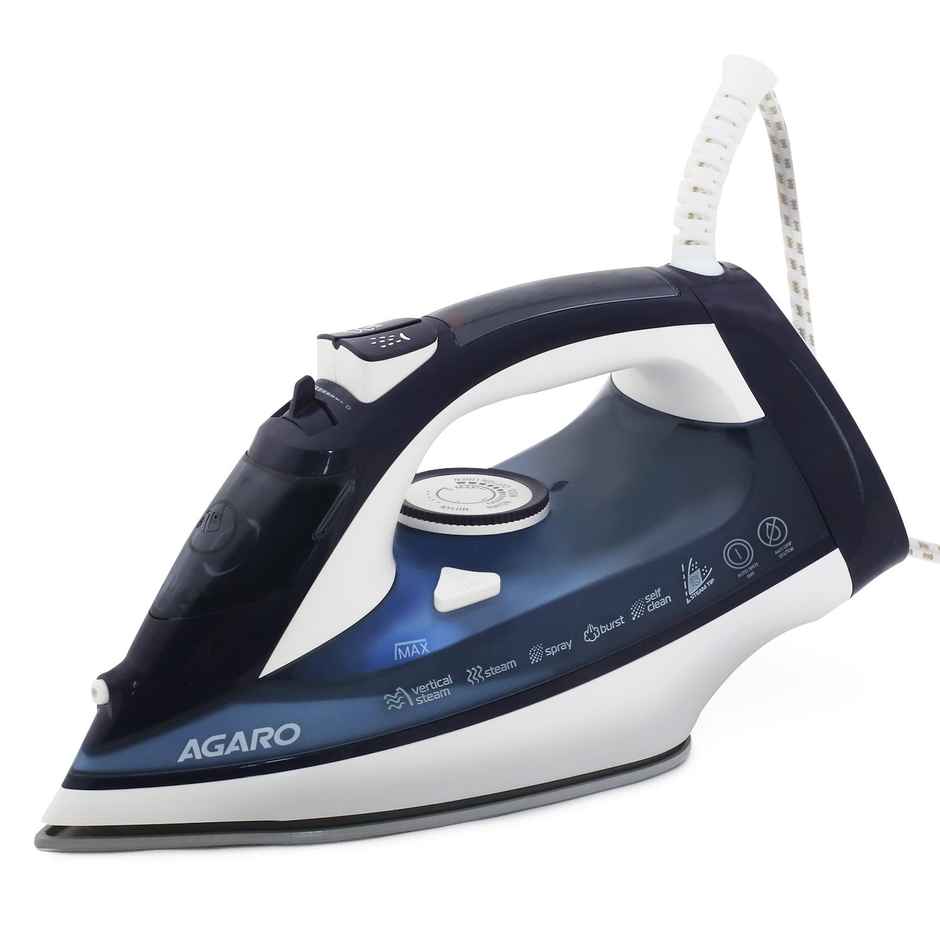 Agaro Royal Steam Iron 2000W Ceramic Coated Sole Plate 360 Degree Swivel Cord Anti-Calc 320 Ml Blue