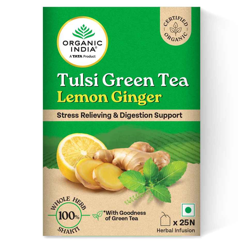 Organic India Tulsi Green Tea Lemon Ginger - 25 Tea Bags, Supports Digestion