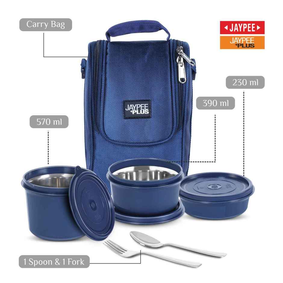 Jaypee Plus Homely Lunch Box | 3 Microwave Safe Air Tight Containers | Blue | 230ml, 390ml and 570ml