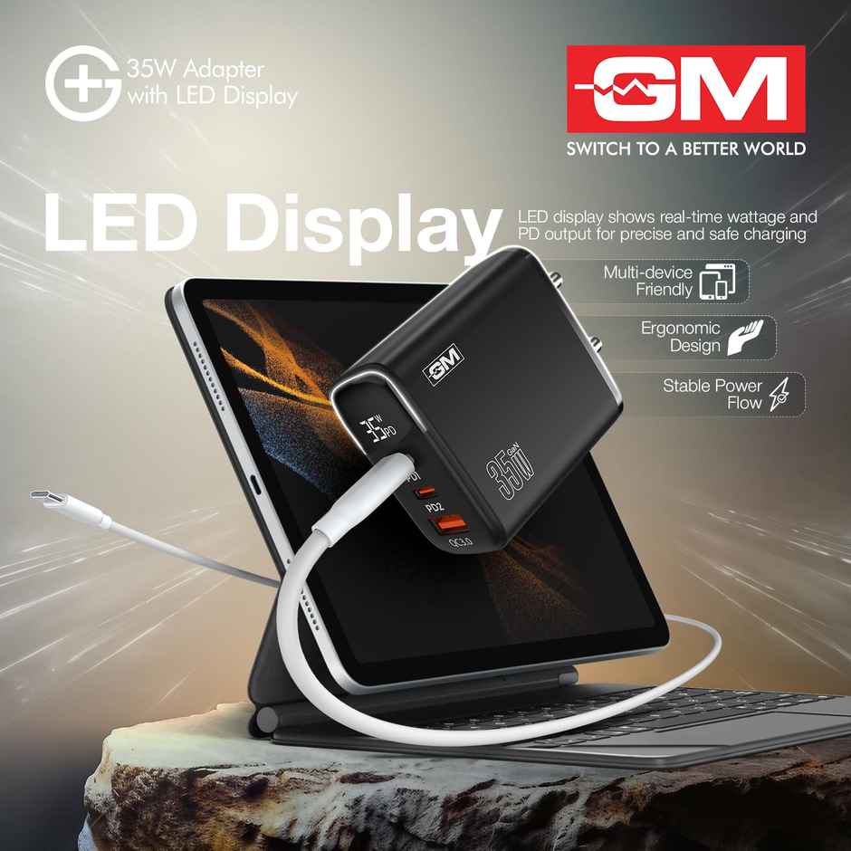 GM G Plus 35W Fast Charger with LED Display | 2 Type-C & 1 Type-A