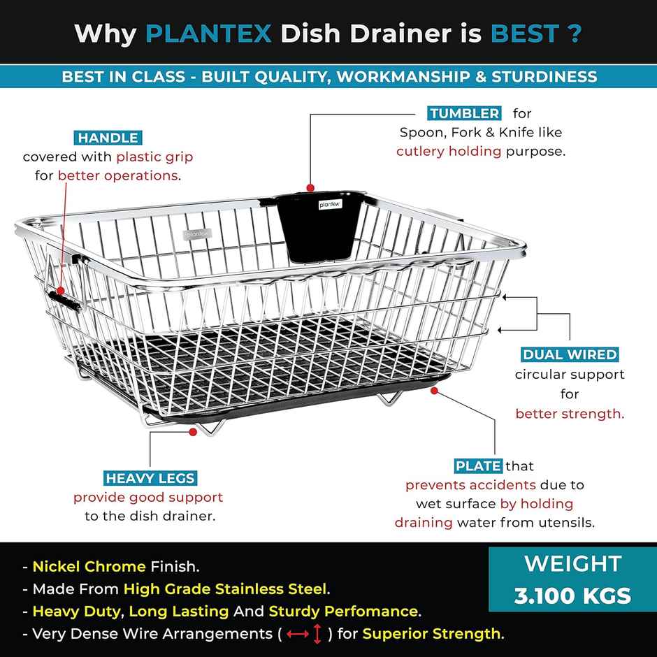Plantex Stainless Steel Dish Drainer Basket for Kitchen Utensils - Chrome Finish