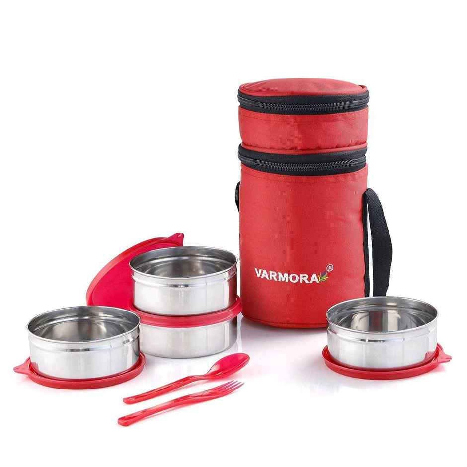 Varmora SS Quattro Lunch Box, Raspberry Pink- 4 Storage Containers (390 ml ) with Spoon and Fork