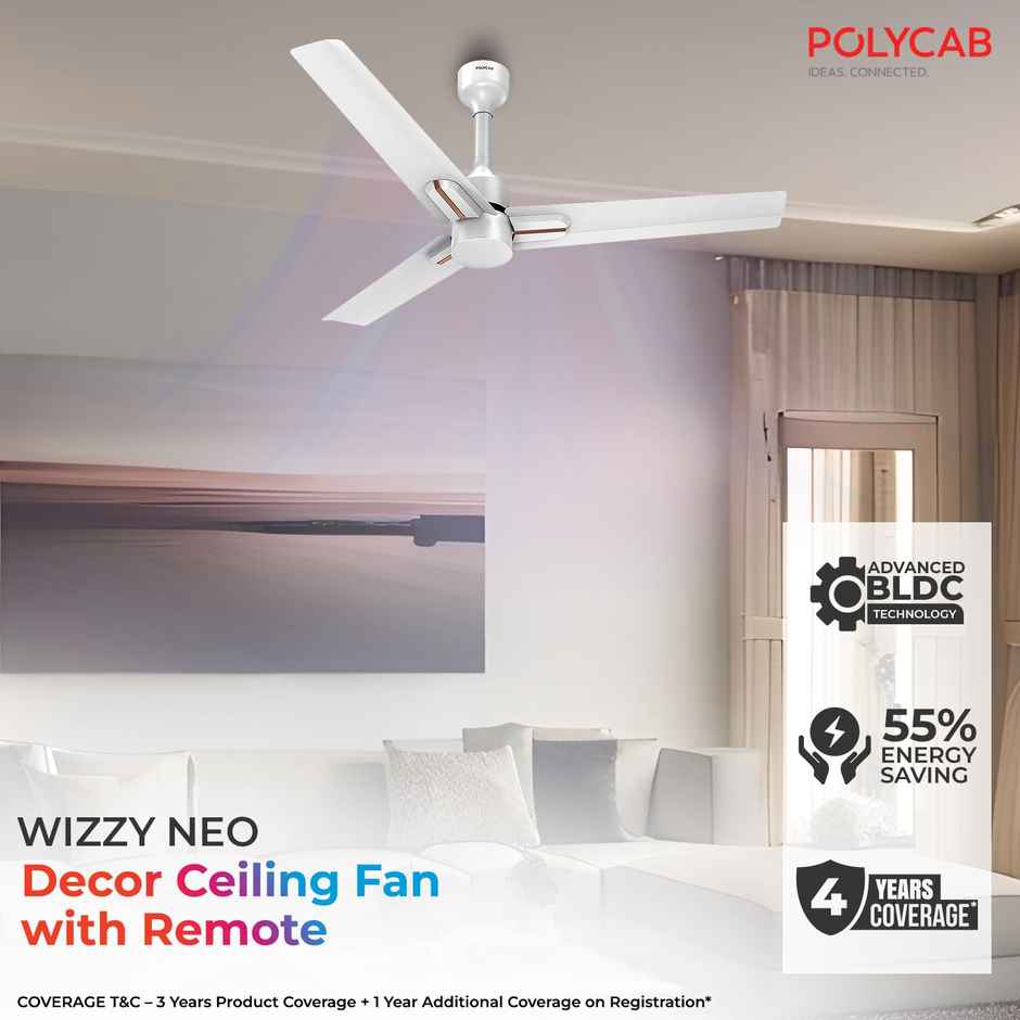 Polycab Wizzy Neo BLDC Ceiling fan, 1200mm, Remote Control, 5-Star, 6 Speed Settingr,White Rosegold