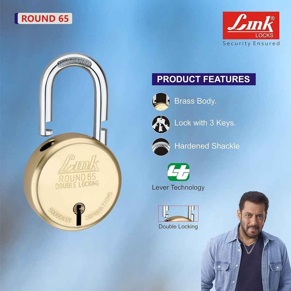 Link Locks Brass Round Pad Lock 65mm With 3 Keys