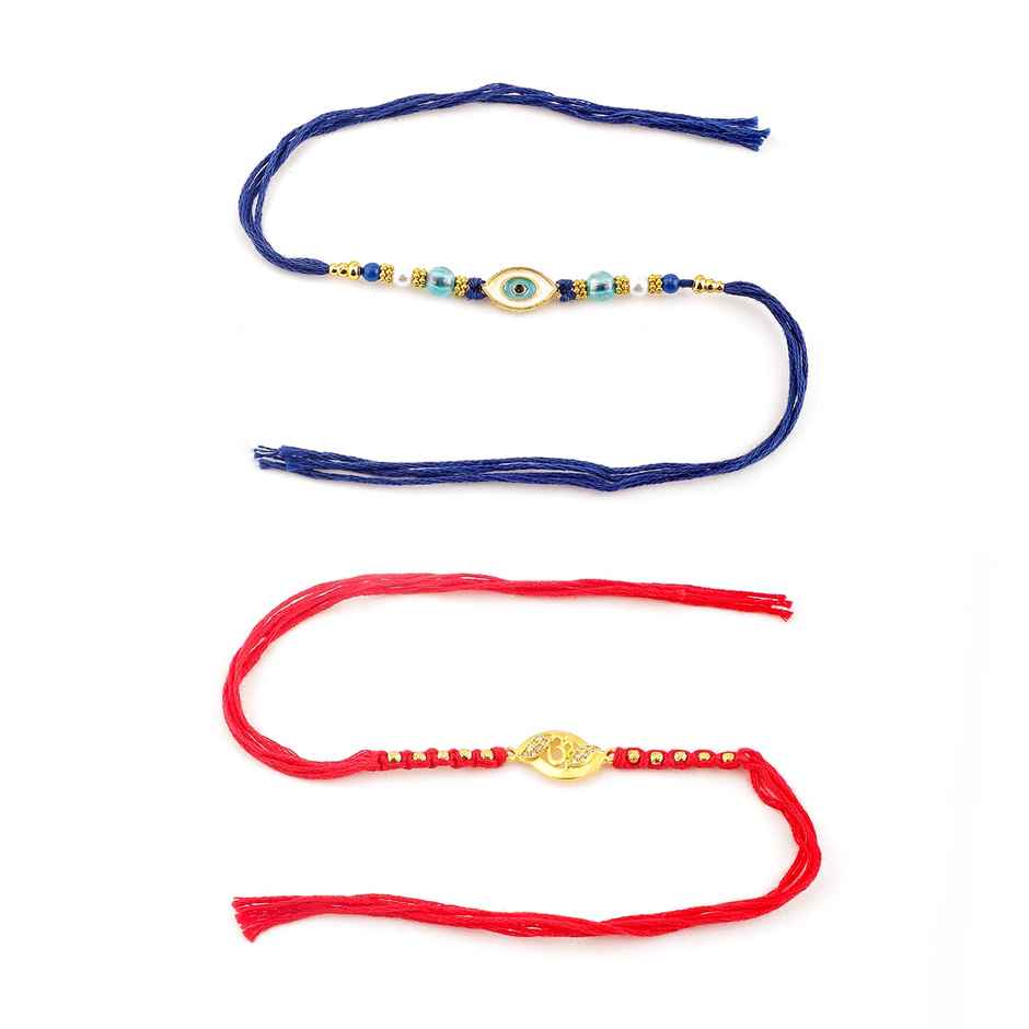 Rubans Gold Toned Evil Eye and Om Motif Stone Studded Rakhi - Protective Pair