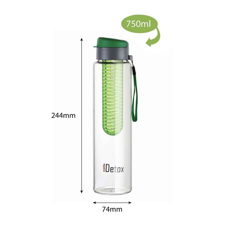 Cello Detox Fruit & Tea Infuser Glass Water Bottle | Wide Cap Sealed With Flip Top | Green | 750 ml