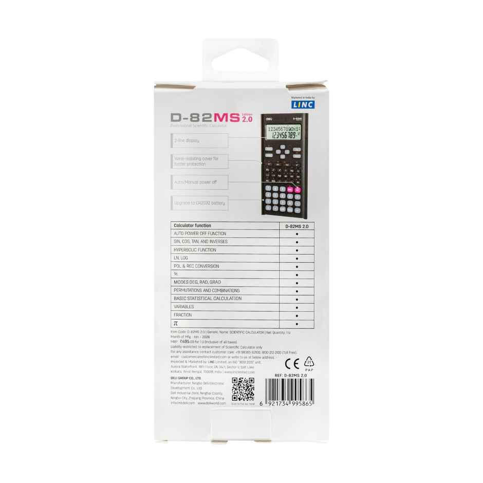 Deli D82-MS 2.0 Scientific Calculator | 12 Digits, 240 Functions & 2 Line LED Display (Black)