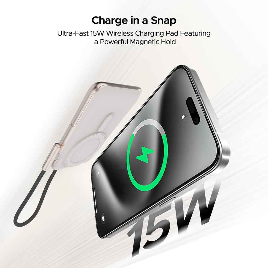 boAt Energyshroom PB330 MagnaCharge 10000 mAh Magnetic Wireless Power Bank w/ 15W Wireless Charging, Metal Stand,Magnacharge Ring for iPhone and Android Phones w/Wireless Charge - White