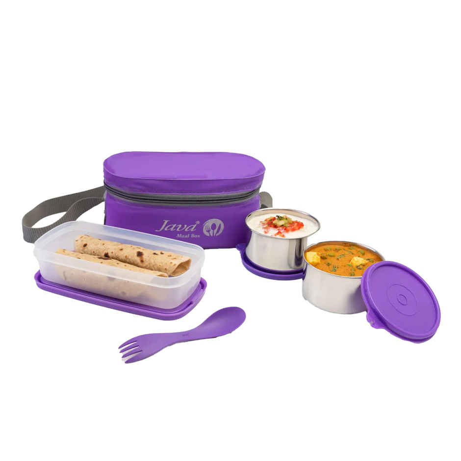 Java 3 Pcs Ss Double Decker Lunch Box With Carry Bag And Spoon (1U 400 ml, 2U 300 ml) - Purple