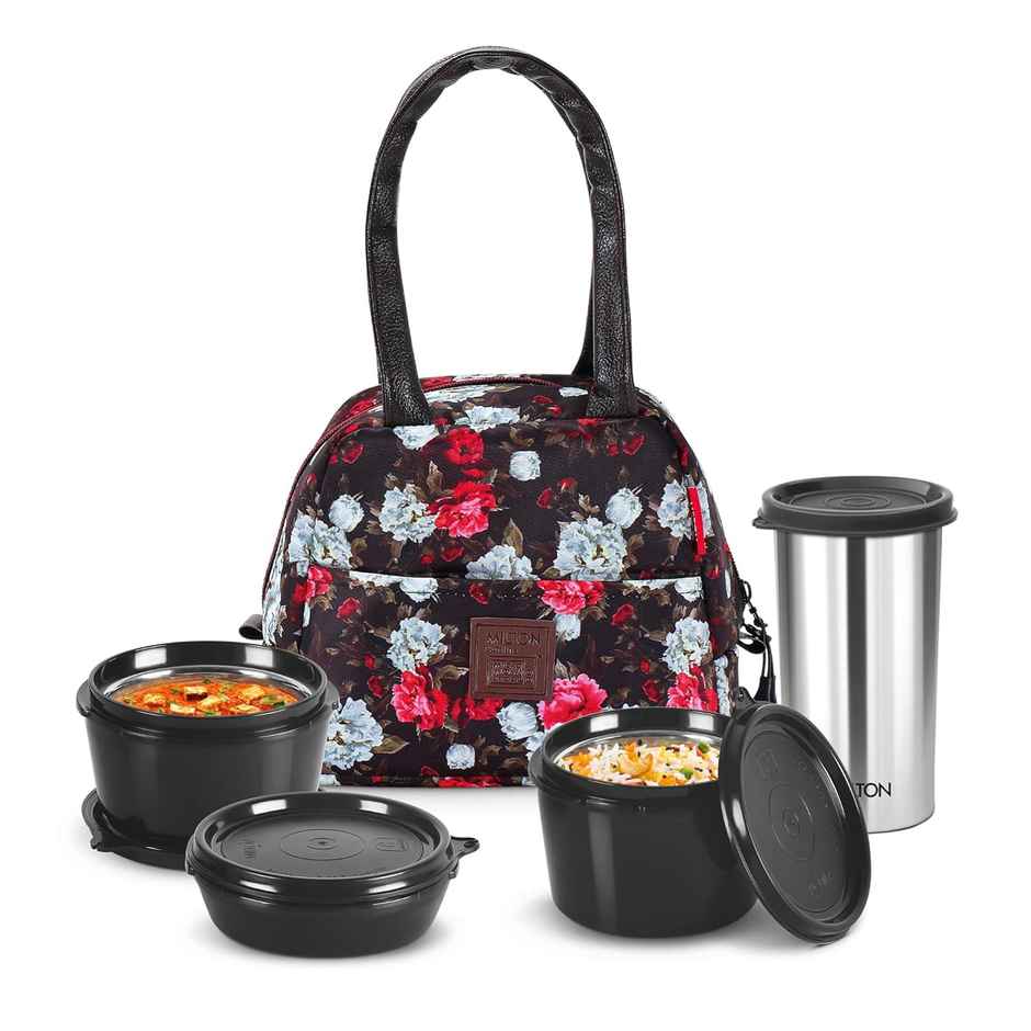 Milton Floret Tiffin 3 Microwave Safe Inner Steel Containers & Tumbler 415 ml With Bag | Black