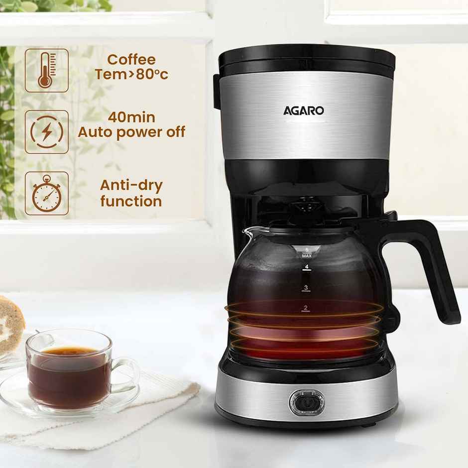 Agaro Royal 4 Big Cups Drip Coffee Maker, 600 Ml Borosilicate Glass Carafe Jar, 750W, Water Tank