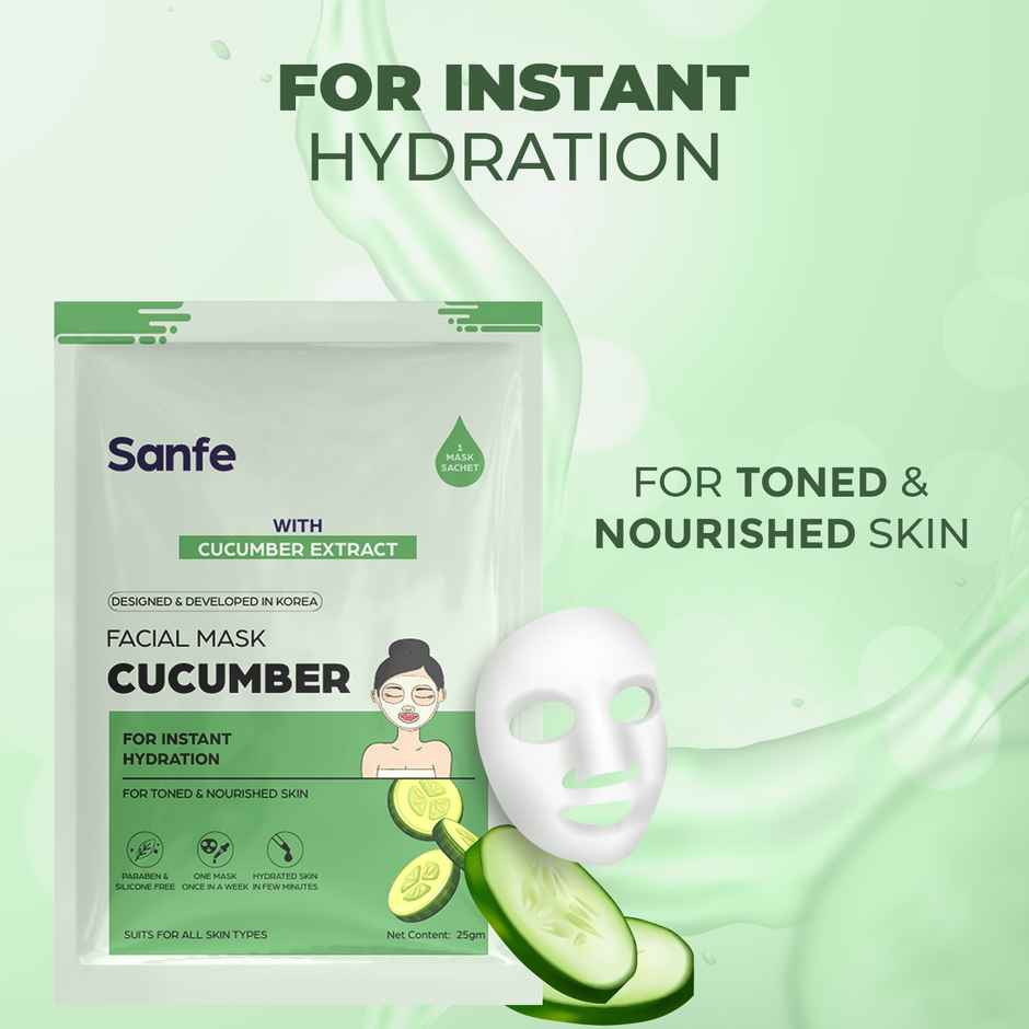 Sanfe Instant Hydration Cucumber Facial Mask 100% Fruit Extracts, Korean Mask
