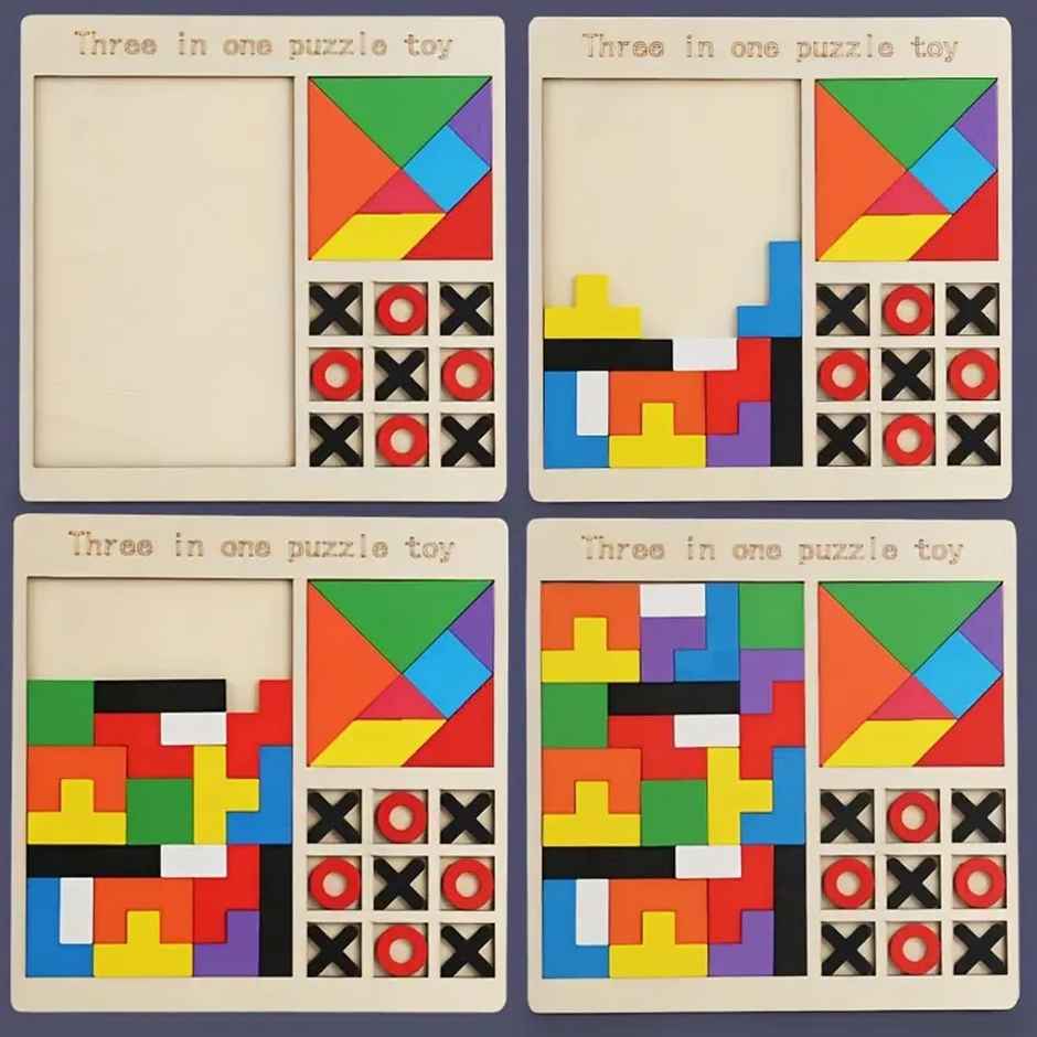 Fablue 3 In 1 Wooden Puzzle Toy - Russian Blocks Puzzle - Tic Tac Toe Xo Game - Tangrams Puzzles - Assorted - 21 cm