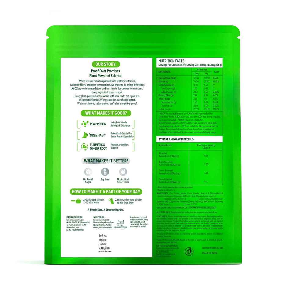 Oziva Bioactive Plant Protein Powder , 25g Protein | 5.5g Bcaa | Eaa | Sugar Free - Choclate , 1 Kg