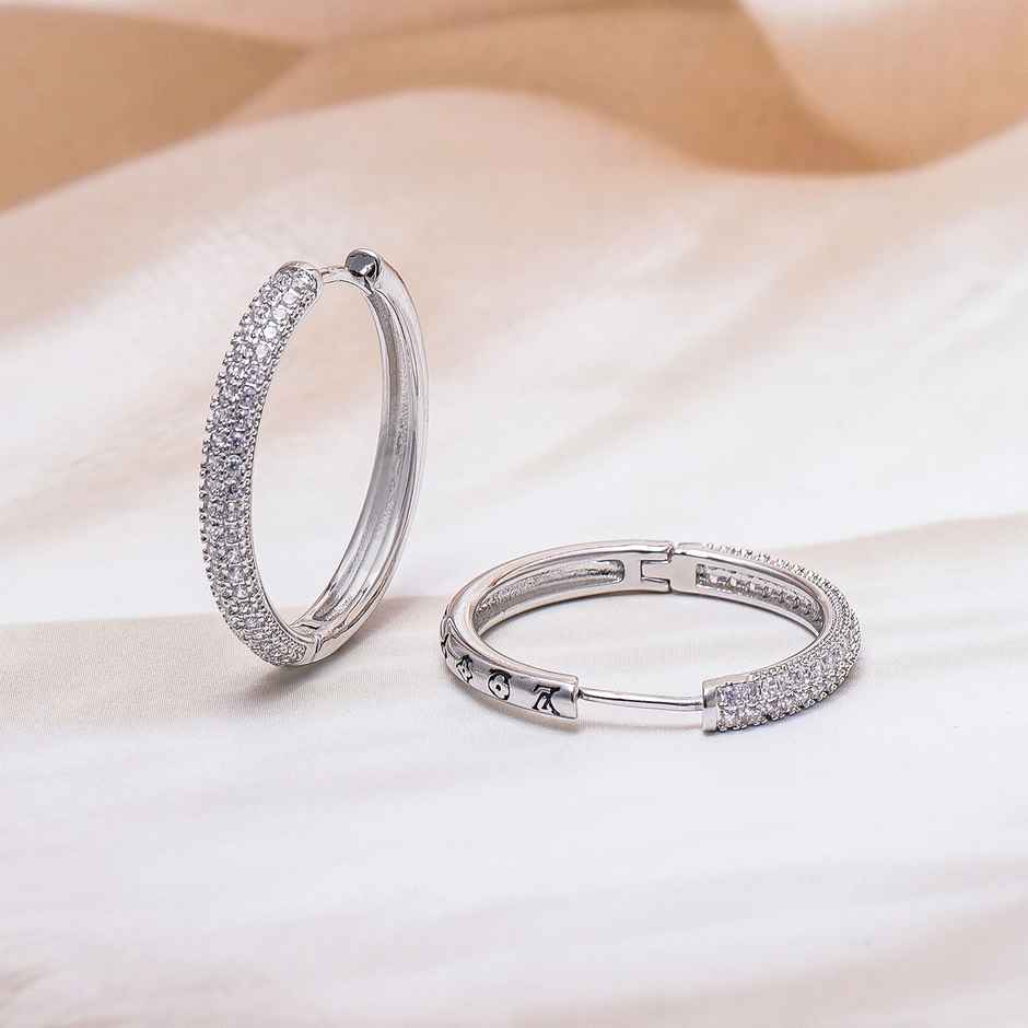 Rubans Rhodium Plated Sparkling Cubic Zirconia Studded Hoop Earrings