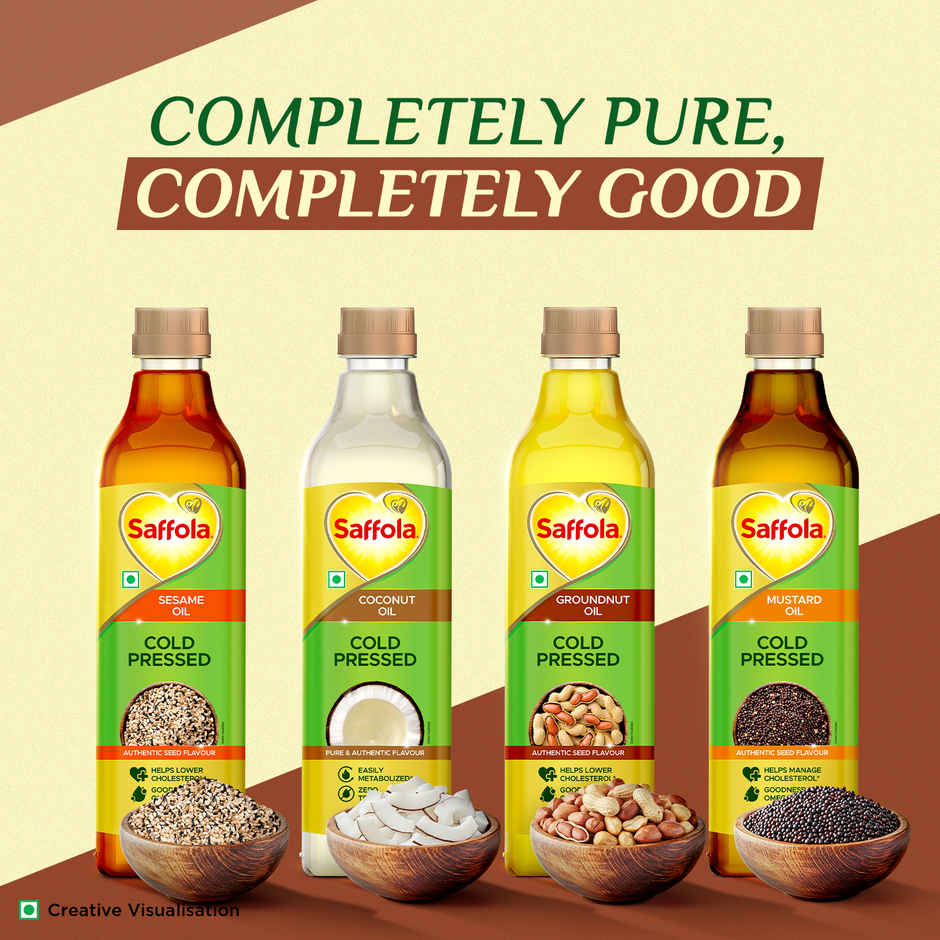 Saffola Gold Oil, Power Of 3, Pouch (910g) & Saffola Groundnut (Peanut) Cold Pressed Oil | Cold Pressed Groundnut Oil | Helps Lower Cholesterol (1L) Combo