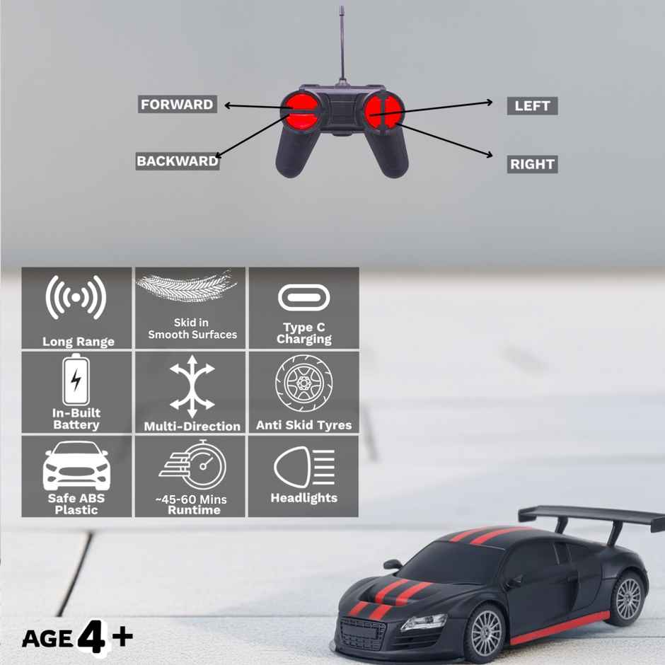 Race N Roll 1:24 Rechargeable Hi Speed Mini Remote Control Car - Aud Matt Black With Red Stripes