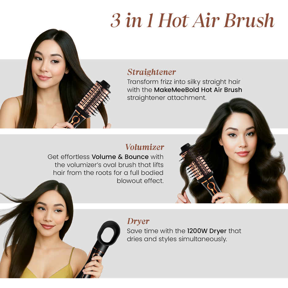 Urban Yog 3-In-1 Hot Air Brush | Dryer, Straightener & Volumizer, 1200W, Rose Gold