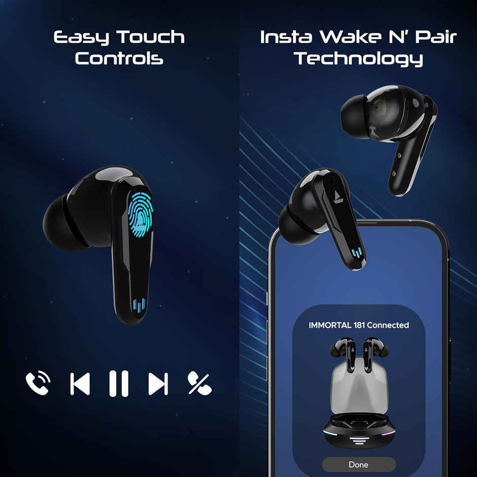 boAt Immortal 181 TWS Earbuds with mic, 40HRS Battery, 4Mics ENx, 40ms Low Latency, RGB Led Lights, Fast Charge, IWP Tech, v5.3 Bluetooth Earbuds, Gaming Earbuds - Black Sabre