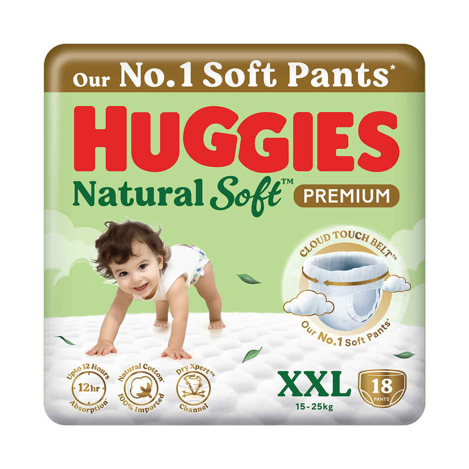 Huggies Natural soft Premium Pant style Baby diaper | XXL , 15-25kg, 12 hour absorption, 100% natural cotton, wetness indicator