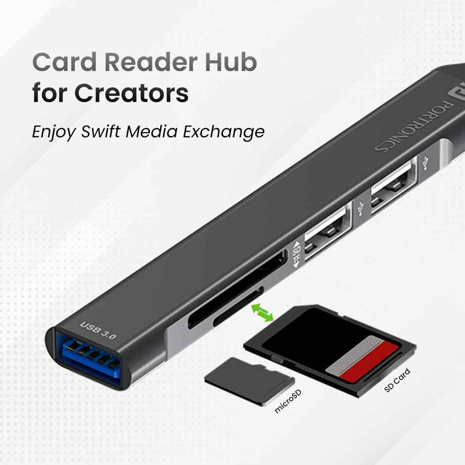 Portronics Mport 31 Plus - 5-in-1 USB Hub | With USB 3.0 port & Type-C Dual Plugs - Grey