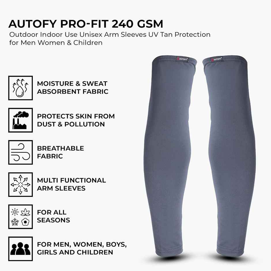 Autofy Pro-Fit 240 Gsm Unisex Arm Sleeves Uv Protection All Weather Use | Pack Of 2 / 4 Pcs | Grey