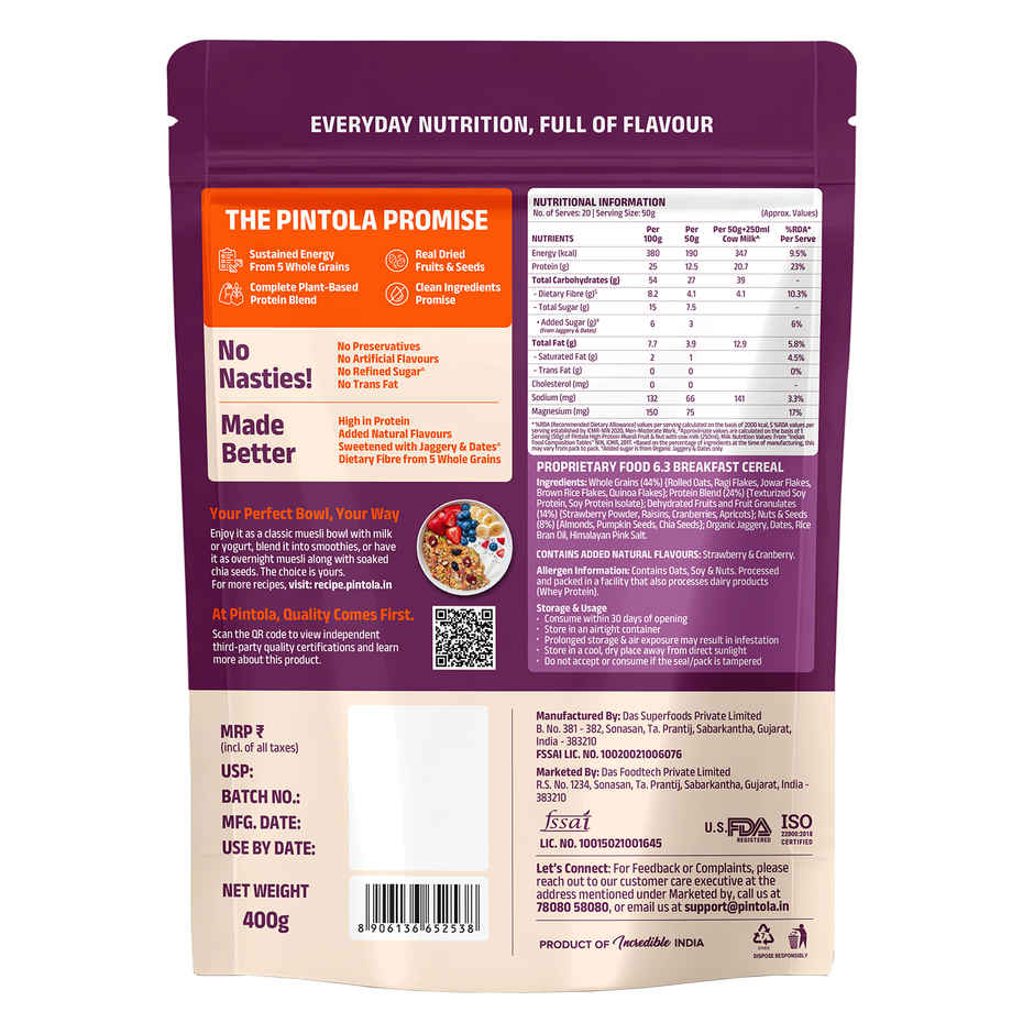 Pintola 25g High Protein Muesli - Fruit - Nut | Gluten-Free - Naturally Sweetened