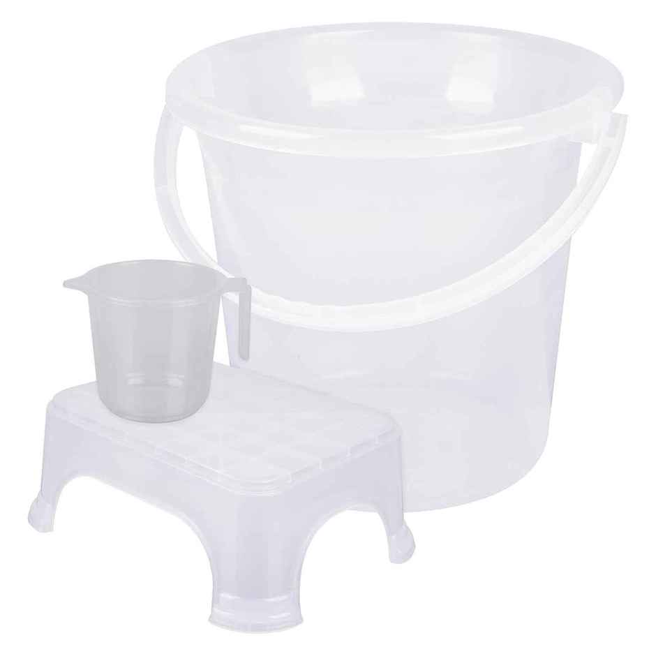 Kuber Industries Bucket-Stool-Mug Plastic Bathroom Combo Set|Set of 3|Transparent