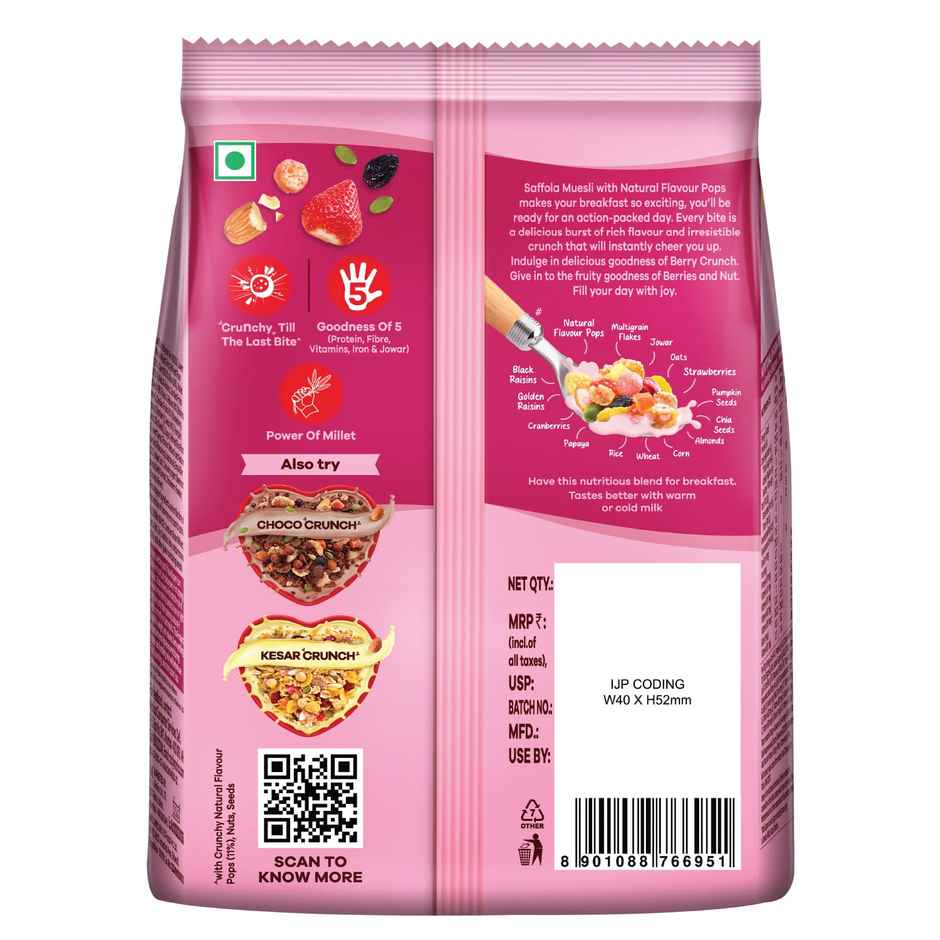 Saffola Muesli Berry Crunch with Flavour Pops | 15 in 1 Fruit and Nuts, Seeds | Millet & more