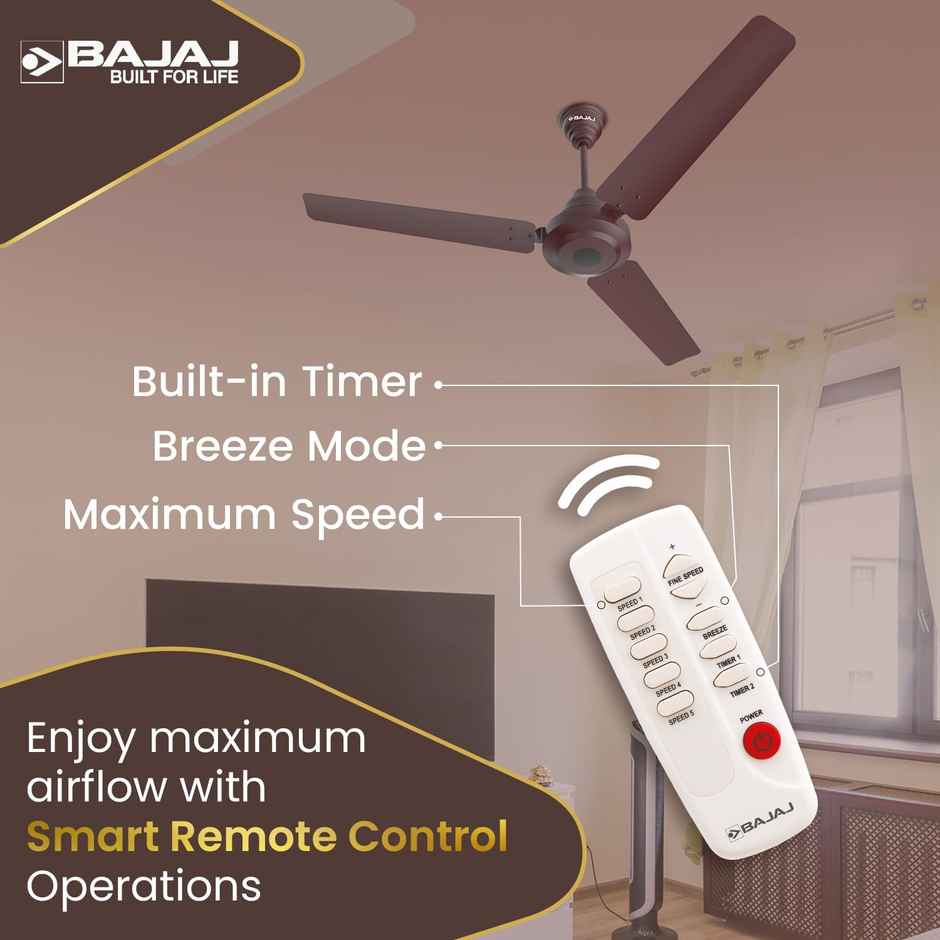 Bajaj Energos 12DC5R Silent BLDC Ceiling Fan, 1200mm, Remote Control, 5-Stars Rated, Red
