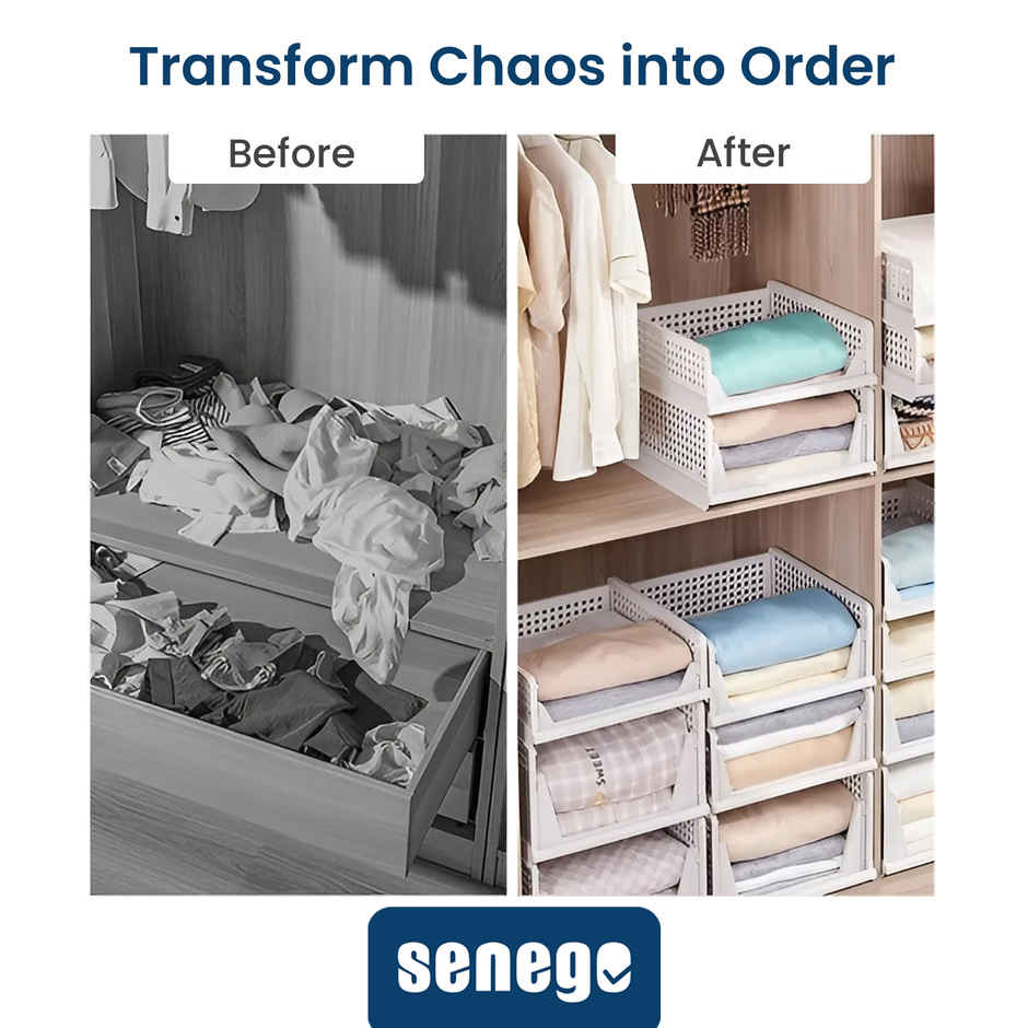 Senego Folding Wardrobe Clothes Organizer - Pack of 4, Stackable (White)