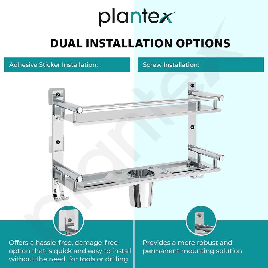 Plantex No Drill Bathroom Shelf Organizer with Soap and Brush Holder - 2-Tier, Chrome Finish