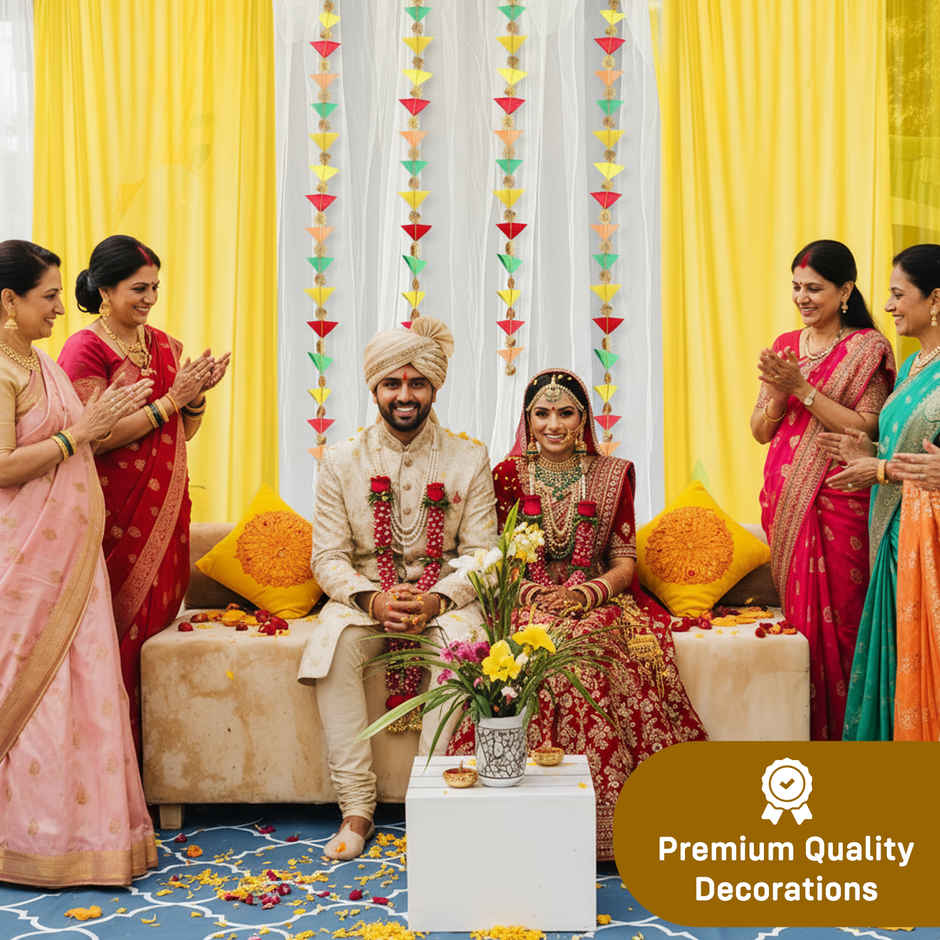 White and Yellow Net Backdrop with Triangle Hanging for Haldi Mehndi | Party Propz