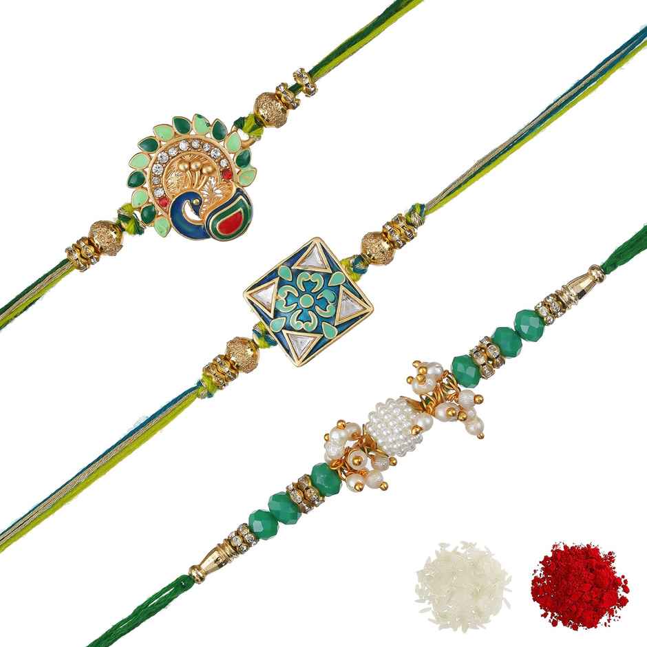 Rakhi for Brother | Peacock, Flower, Beads & Pearls | Stone | Includes Roli Chawal | Pack of 3 | Ecraftindia