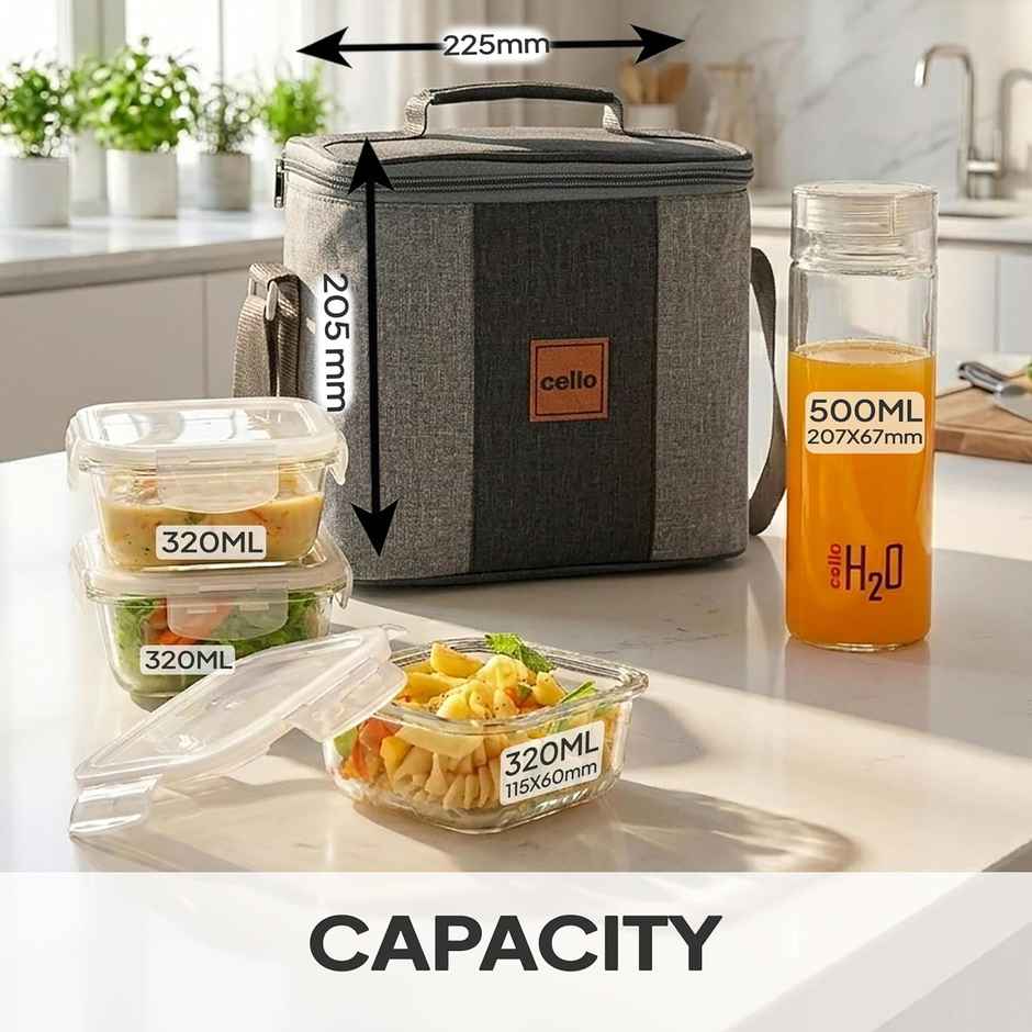 Cello Glassy Square Bottle Lunch Box | Borosilicate Glass | 3 x 320ml and 500 ml | Clear